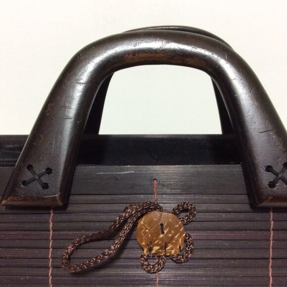 Womens Handmade Bamboo Handbag Wood Handles Loop Button Closure Brown - Picture 8 of 12